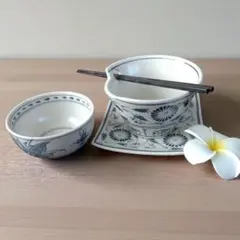ベトナム バッチャン焼き どんぶり+角皿+飯碗 セット 花柄 とんぼのサムネイル