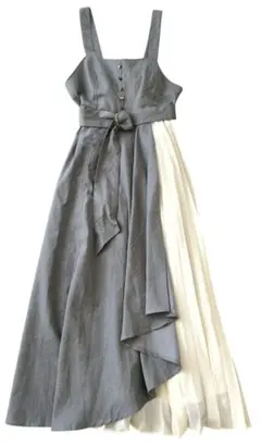 nohea バイカラーワンピース プリーツ切替 グレー×アイボリー 上品 M