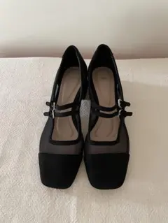 美品 ZARA ザラ 24cm メッシュ シューズ　パンプス 黒 スクエアトゥ