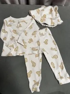 【帽子付き】ジェラートピケ80サイズアニマルビスケット柄リブパジャマ上下