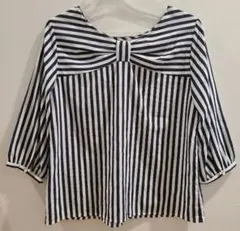 ストライプ柄 リボン 5分袖ブラウス ネイビー ロペピクニック ボタン 匿名配送