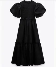 ZARA ポプリンパネルミディワンピース S パフスリーブ フリル ティアード