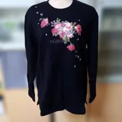 新品　INGEBORG Lサイズ　花柄 長袖カットソー ブラック　トレーナー生地