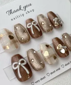 ネイルチップオーダー　ぷっくりリボン　チェック　ハートホロ　マグ　バレンタイン