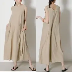 アズールバイマウジー タックフレアワンピース M ベージュ　ロングワンピース