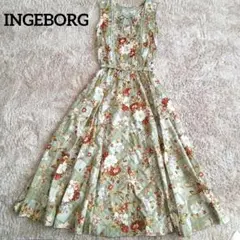 インゲボルグ ロング ワンピース 花柄 ブーケ リボン ピコフリル ベルト M