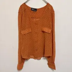 ドット柄ブラウス 【L】オレンジ シアーブラウス レトロ可愛い テラコッタ 長袖