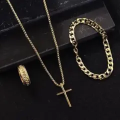 【3点セット】 ゴールド チェーン リング ブレスレット ネックレス 十字架