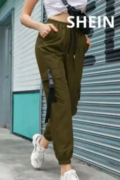 新品　SHEIN　ハイウエスト　カーゴパンツ　ジョガーパンツ　カーキS