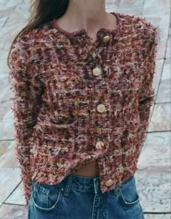 美品✨ZARA テクスチャーニットカーディガン　バーガンディ　Lサイズ