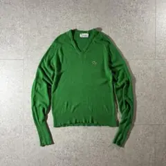 70s IZOD LACOSTE糸巻きタグVネックニットセーターグリーン短丈S
