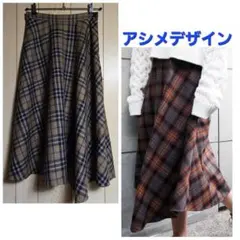 ☆MACPHEE ウールチェック アシンメトリーフレアスカート 34 ブラウン