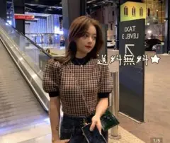 千鳥柄ニット　秋冬　韓国　ネック　セーター　レトロ　チェック柄