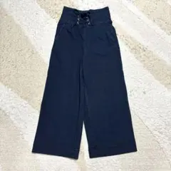 ワイドパンツ　デニム　ハイウエスト　編み上げ　リボン　ウエストゴム　ガウチョ