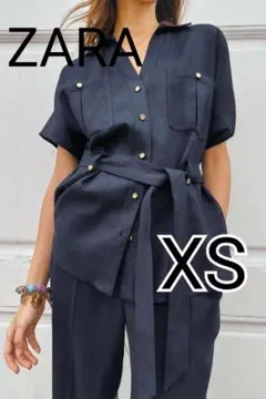 【匿名配送】ZARA リネンサファリシャツ ブラウス トップス ブルー