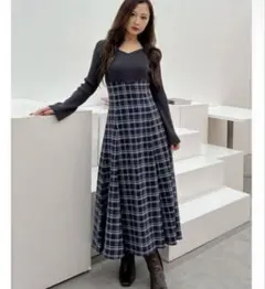 バックレースアップ チェックドッキングロングワンピース