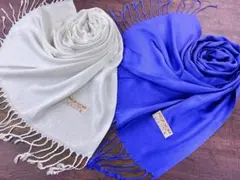 アウトレット2点セット パシュミナ 無地 大判 ストール ホワイト＆ブルー