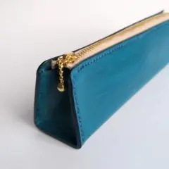 ファスナーペンケース(ブルー) 本革　レザークラフト　ハンドメイド