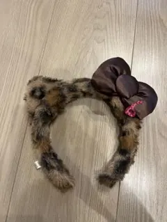 ヒョウ柄ファーとブラウンリボンのカチューシャ