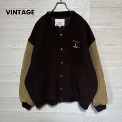 90s ヴィンテージ 袖スエード 本革 刺繍 ウール ビックサイズ スタジャン