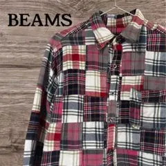BEAMS メンズ パッチワーク シャツ チェック ネルシャツ 長袖 赤 Mのサムネイル