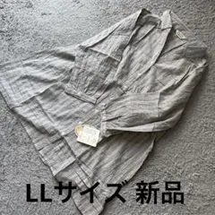 大きいサイズ 七分袖麻混ストライプロングシャツグレーLL 新品