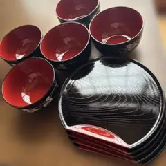 花柄黒赤丼、盆5個セット