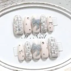 ネイルチップ フレンチガーリー リボン 水色 ツイードネイル 量産型 韓国