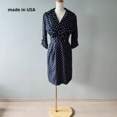 ヴィンテージ USA製 60s ドット柄 Vネック ワンピース ネイビーN332