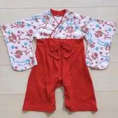 美品 ベビー 女の子 袴 カバーオール 80cm 赤 ピンク 花柄