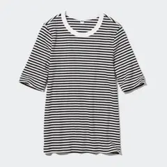 【ユニクロ】リブボーダークルーネックTシャツ（5分袖）　ホワイト　カジュアル　L