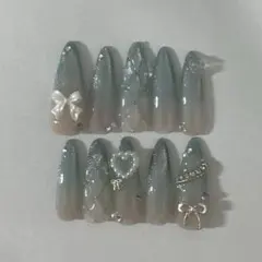 ✿現品✿ネイルチップ　水色　フレンチガーリー　量産型　リボン　キラキラ　ちゅるん