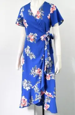 美品バナナリパブリック★ブルーフラワープリント カシュクールラップ半袖ワンピース