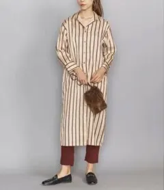 ✨美品✨ビューティー＆ユース 光沢ストライプ ロングシャツ ワンピース ベージュ