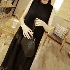 お洒落な夏を♪　ノースリーブ シフォン プリーツ ドレス ワンピース