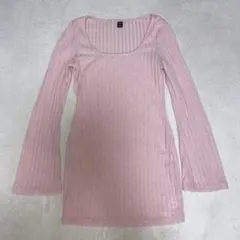 ピンク リブ編み 長袖トップス