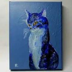 カラフルな猫の後ろ姿の原画 絵画 27.3×22cmキャンバス 現代アート