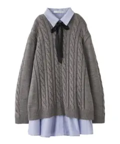ケーブルニット＆シャツミニワンピースセット