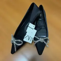 ZARA ブラック パンプス 37 ビジューリボンフラットシューズ