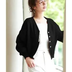 SAISON DE PAPILLON／パール付きニットカーディガン ブラック