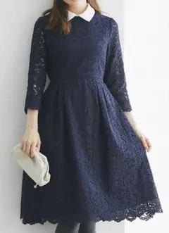 トッコクローゼット　襟付きウエストリボンスカラップフラワーレースワンピース　M