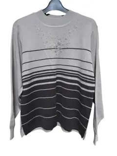 刺繍付き ブラウンストライプ ニットセーター　Lサイズ