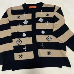 試着のみ！ビジュー付きボーダーカーディガンM 黒とブラウン(ベージュ)系