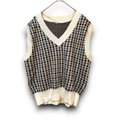 GU ジーユー　レディース　ベスト　ニット　L 千鳥格子　キュート　縁ホワイト