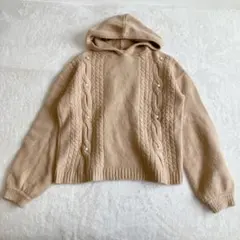 マジェスティックレゴン パール付き ニットパーカー M ベージュ ケーブル編み
