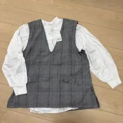 チェック柄Vネックベスト長袖ブラウスセット
