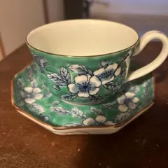 緑色花柄八角形ティーカップセット