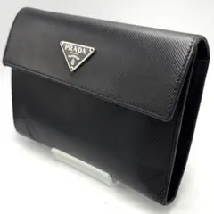 美品　PRADA サフィアーノレザー 三つ折り財布 ブラック　三角ロゴ　箱付き