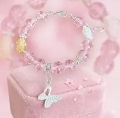 ブレスレット ハンドメイド シルバー フリーサイズ 蝶々 バラ ライトピンク