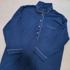 ☆ネイビー 襟付き ロング パジャマ 胸ポケットあり 一枚物